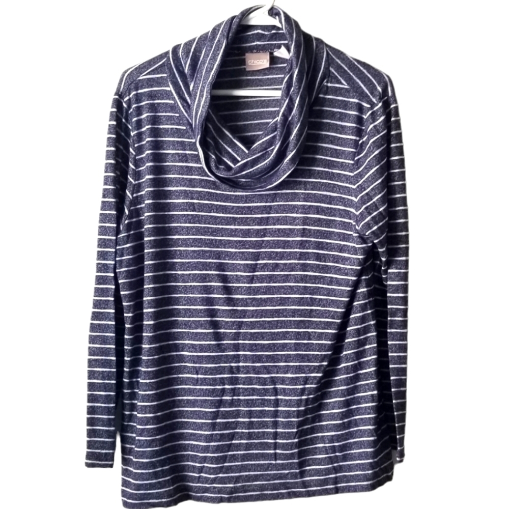 Chico's Blue/White Striped Cowlneck Long Sleeve Tunic Shirt Size 2